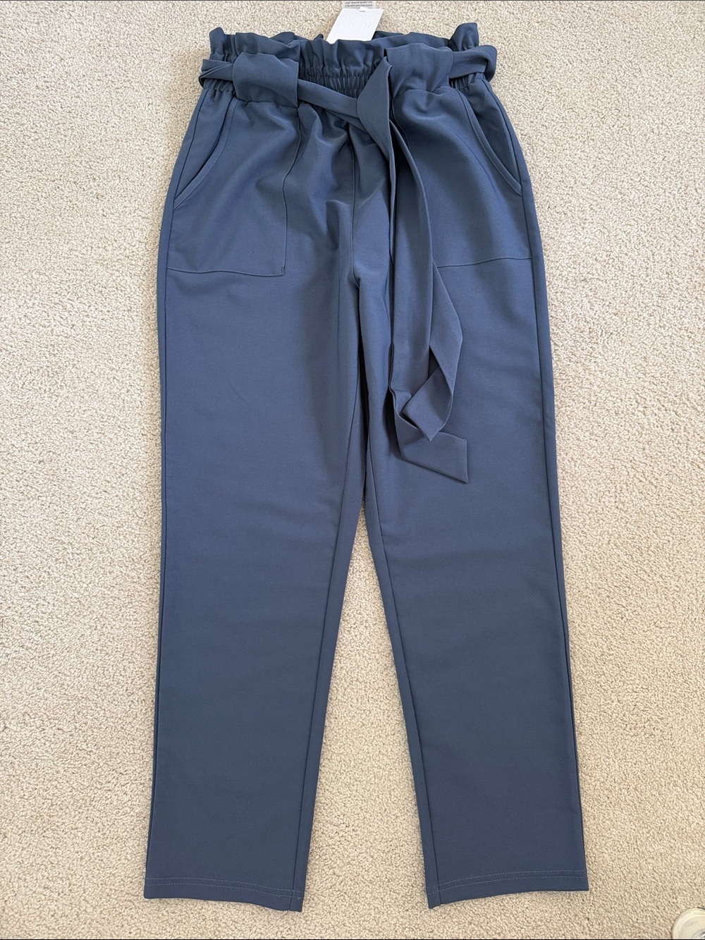 Grace Karin Slate Blue Paperbag Waist Chinos with Tie Belt